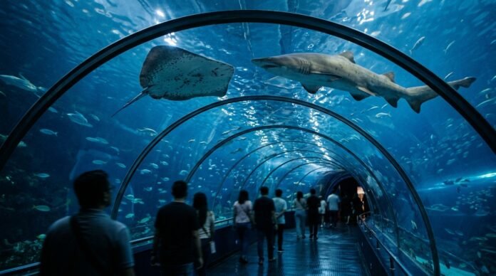 A shark and stingray gliding over a blue-lit underwater glass tunnel at an aquarium, for an Aquaria KLCC worth-it review