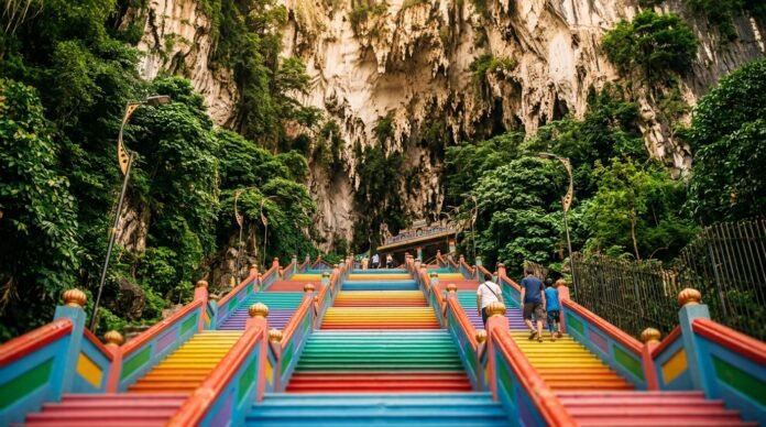 Colourful cave staircase representing a Batu Caves from KL day trip
