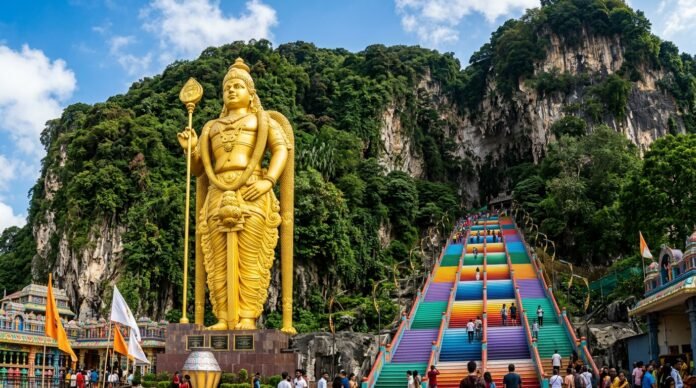 The golden statue and rainbow-coloured steps leading up to the limestone cave temple at Batu Caves, for a Batu Caves guide