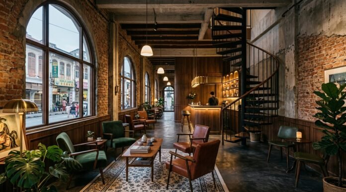 Stylish restored Art Deco boutique hotel interior with exposed brick, timber and moody lighting, for a KL Chinatown heritage hotels guide