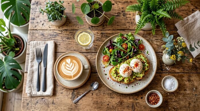 Brunch spread and coffee in a bright cafe, showing the best brunch spots in Kuala Lumpur