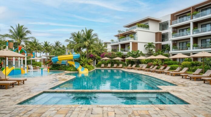 Sunny resort-style hotel pool with a shallow kids' area and water slide framed by palm trees, for a KL family hotels guide