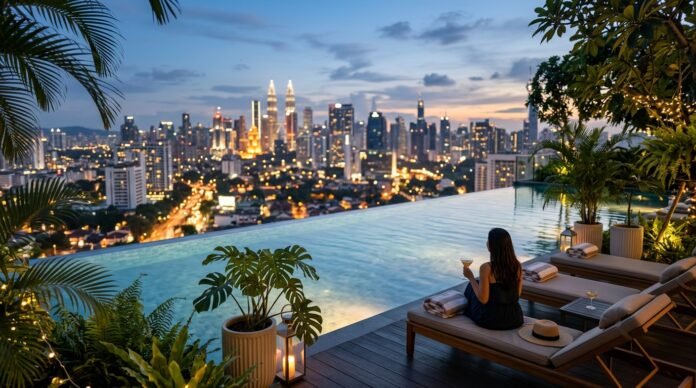 Rooftop hotel pool overlooking downtown, showing the best hotels in Bukit Bintang