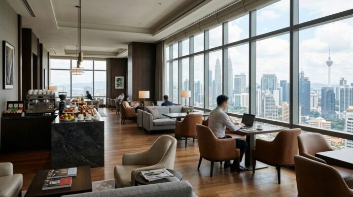Sophisticated high-floor hotel executive lounge overlooking the Kuala Lumpur business district, for a business hotels guide