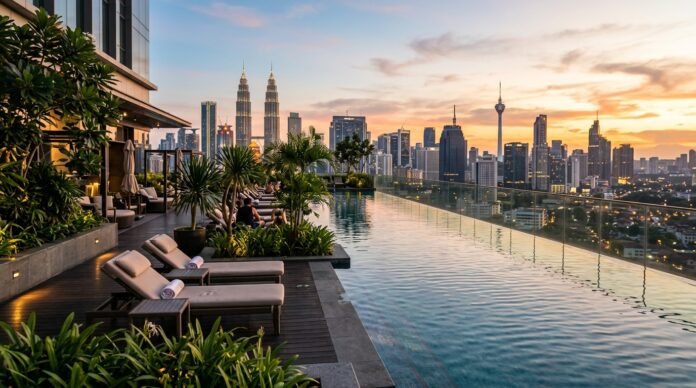 Rooftop infinity pool at golden hour with its edge blending into the Kuala Lumpur skyline of towers, for a KL rooftop pool hotels guide