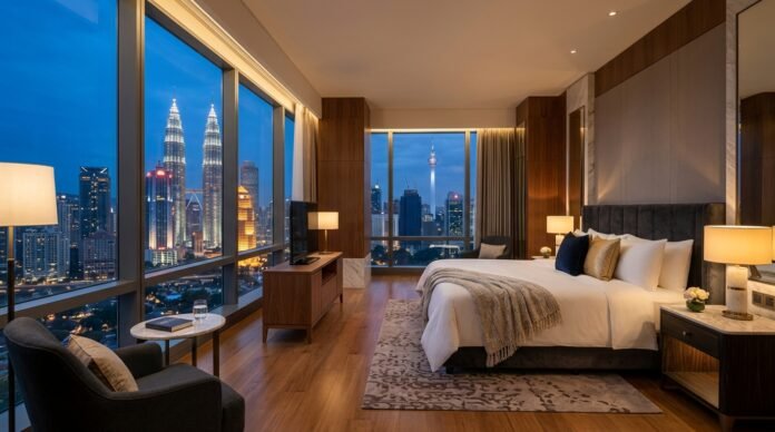 Elegant five-star hotel suite at dusk with floor-to-ceiling windows framing the illuminated KL skyline, for a luxury hotels guide