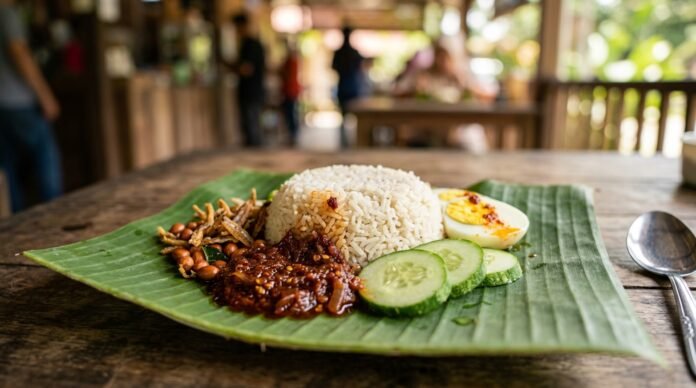 Plate of nasi lemak on banana leaf representing the best nasi lemak in KL