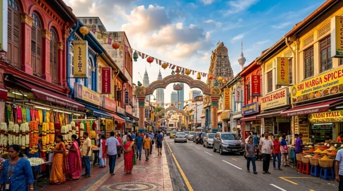 A colourful Little India street with flower garlands, shops and a temple gopuram, for a Brickfields KL guide