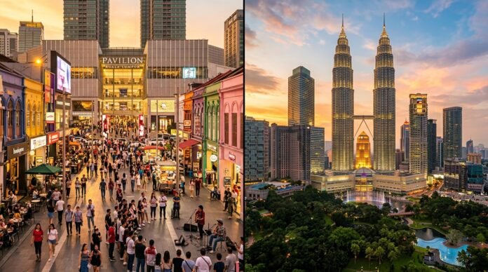 A split cityscape contrasting a neon shopping street with the illuminated Petronas Towers and park, for a Bukit Bintang vs KLCC guide