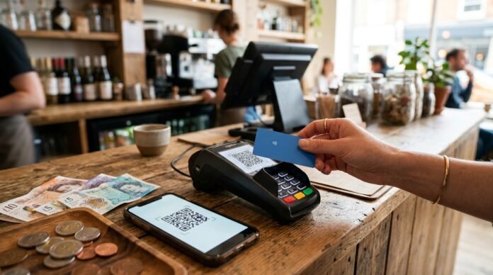 A hand paying by contactless card with a QR phone and some cash on the counter, for a cash vs card in Malaysia guide