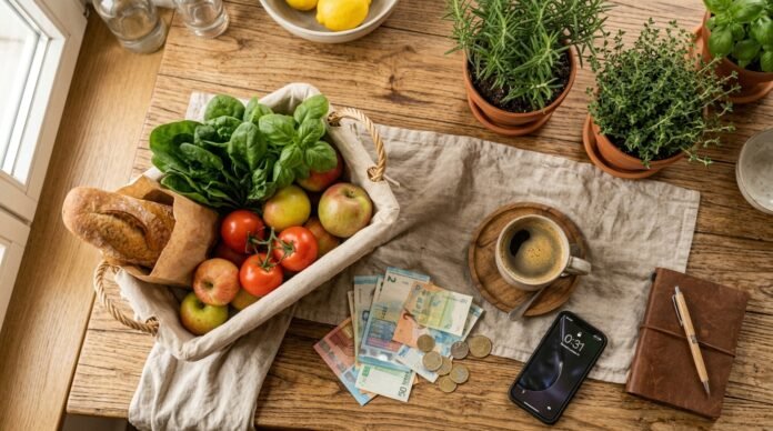 Daily-life flat-lay illustrating the cost of living in Kuala Lumpur