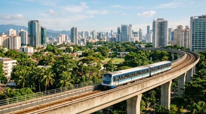 Elevated metro train above the city showing how to get around Kuala Lumpur