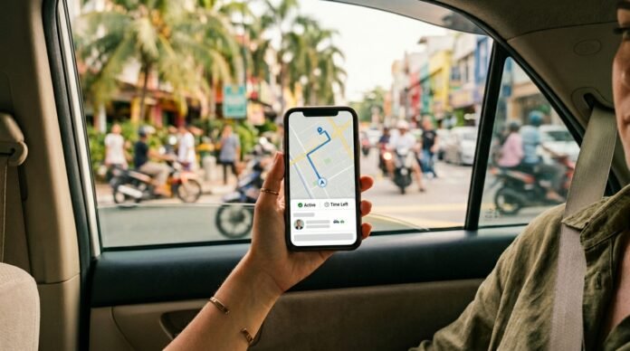 Ride-hailing app in a car window, illustrating using Grab in Malaysia