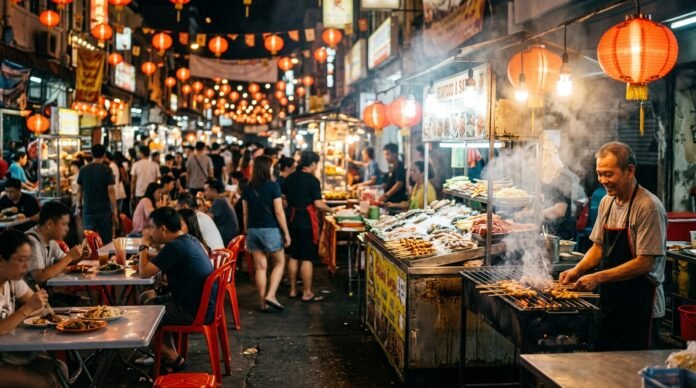 Bustling lantern-lit food street capturing the Jalan Alor food scene