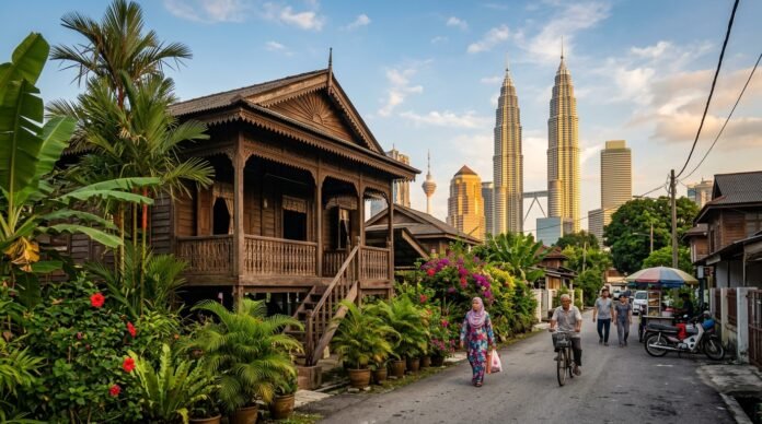 A traditional wooden Malay stilt house with banana trees and the Petronas Towers rising behind, for a Kampung Baru guide