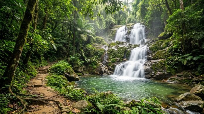 Multi-tiered rainforest waterfall over dark rocks into a clear pool surrounded by jungle, for a Kanching waterfalls day trip from KL