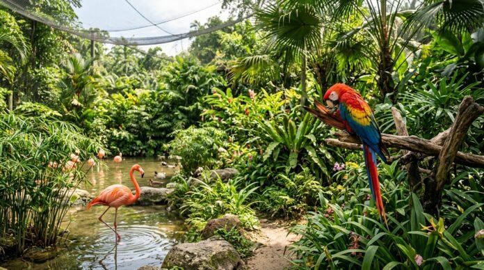 Colourful macaws and a flamingo among lush greenery in an open free-flight aviary, for a KL Bird Park and Lake Gardens guide
