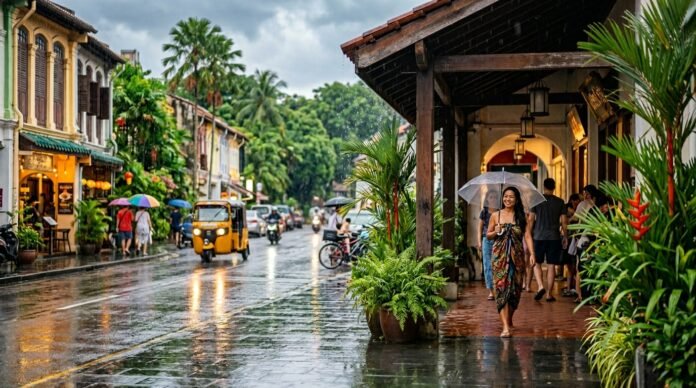 Rainy tropical street scene for visiting KL in the rainy season