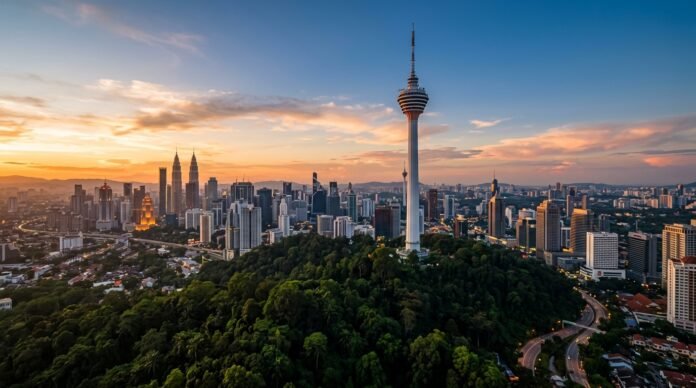 A tall observation tower rising above a forested hill over the KL skyline at golden hour, for a KL Tower visiting guide