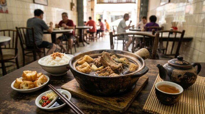 Steaming claypot of dark herbal bak kut teh with rice, fried dough and tea, illustrating a Klang food day trip from KL