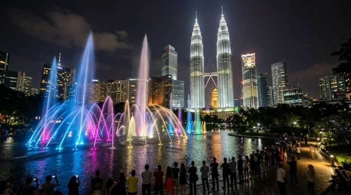 An illuminated musical fountain show on the KLCC Park lake at night with the lit towers behind, for a KLCC Park and Suria guide