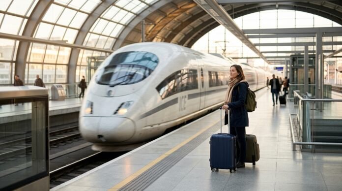 Airport express train at a platform, illustrating KLIA to KL city transfer