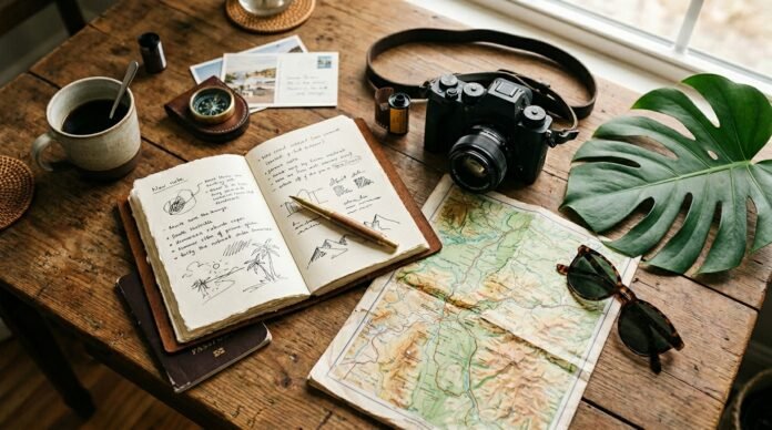 Travel planning flat-lay for the Kuala Lumpur travel guide