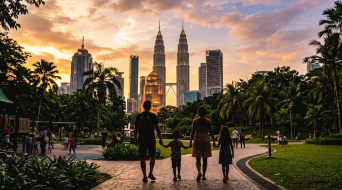 A family walking from behind through a KL park with the skyline behind, for a Kuala Lumpur with kids 3-day itinerary