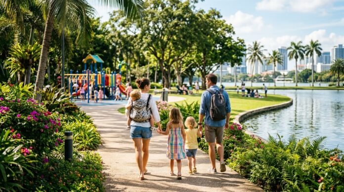 Family at a lakeside park playground, showing things to do in KL with kids