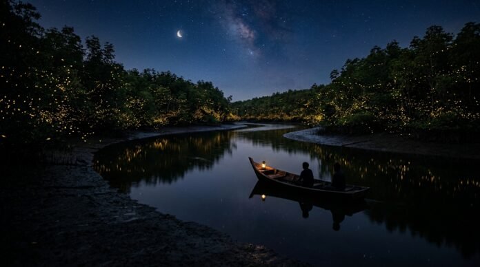 Dark mangrove river at night with trees lit by tiny golden firefly lights and a small boat, for a Kuala Selangor fireflies tour