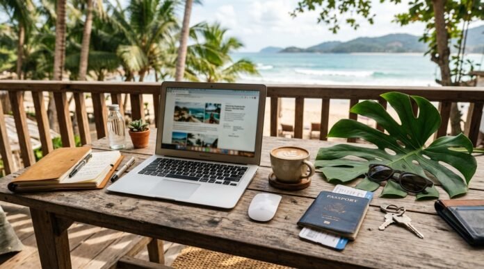 Nomad workspace flat-lay for the Malaysia digital nomad visa guide
