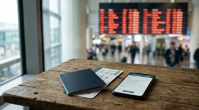 A generic passport, boarding pass and phone on a desk, for a Malaysia visa requirements guide