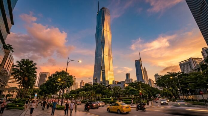 A very tall slender skyscraper with a triangular glass facade and spire towering over the KL skyline at golden hour, for a Merdeka 118 guide