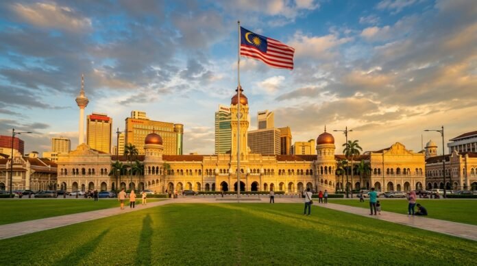 A floodlit Moorish colonial building with copper domes and a clock tower facing Merdeka Square at dusk, for a heritage walk guide