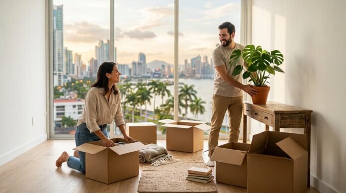 Apartment with moving boxes and city view for moving to Kuala Lumpur
