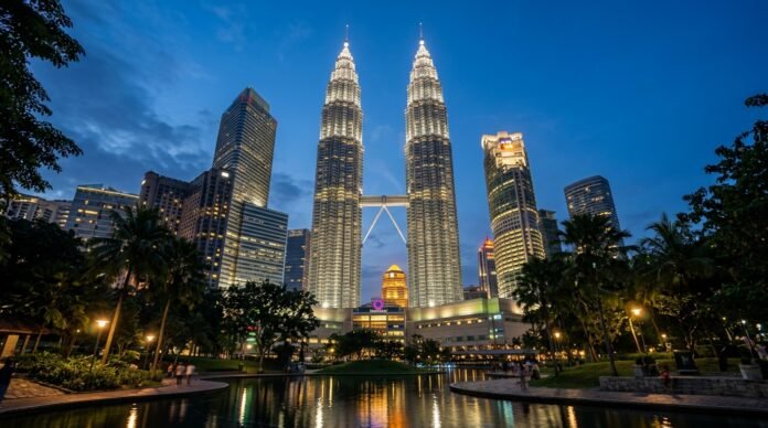 The illuminated Petronas Twin Towers and skybridge against a twilight sky, for a Petronas Towers visiting guide