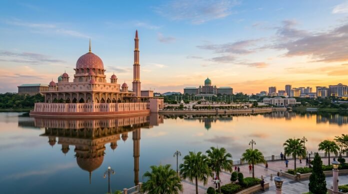 Pink lakeside mosque and modern government architecture reflected in calm water, illustrating a Putrajaya day trip from KL