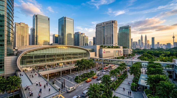 A modern transport-hub district of glass towers and a railway station at dusk, for a KL Sentral area guide