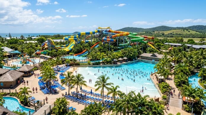Colourful water slides and a wave pool with palm trees on a sunny day, illustrating a Sunway Lagoon day trip from KL