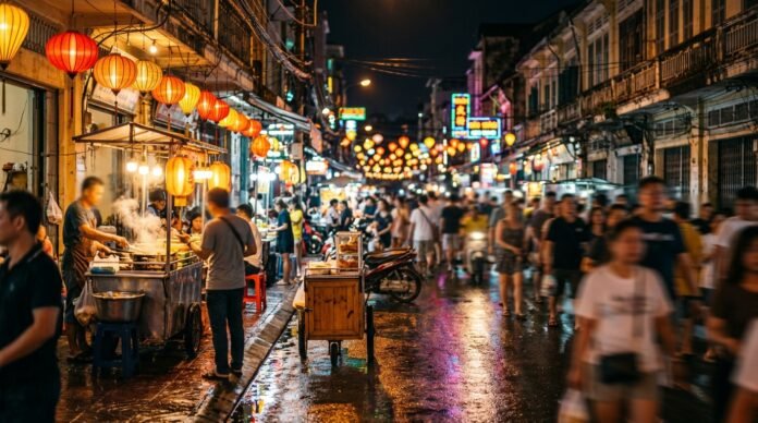 Glowing night street scene showing things to do in KL at night