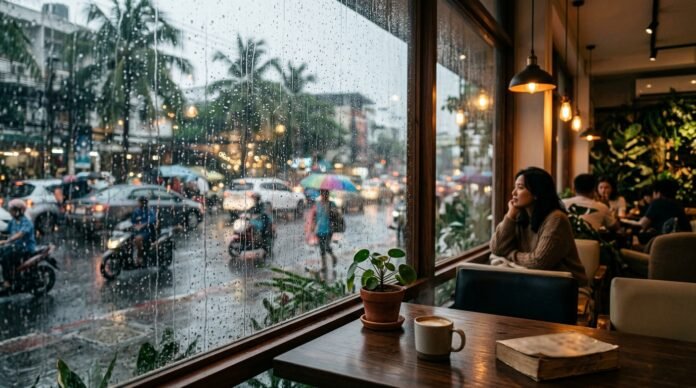 Rain-streaked window with a cosy interior, showing things to do in KL when it rains