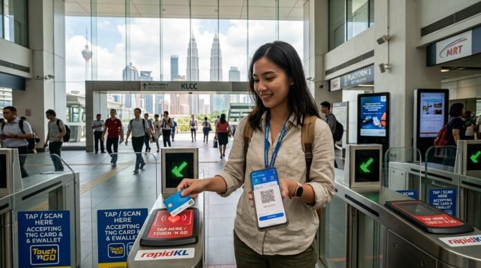A hand tapping a contactless transit card at a metro gate with a phone showing a QR payment, for a Touch n Go tourist guide