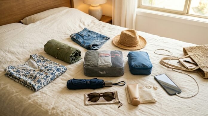 Tropical travel packing flat-lay illustrating what to pack for Kuala Lumpur