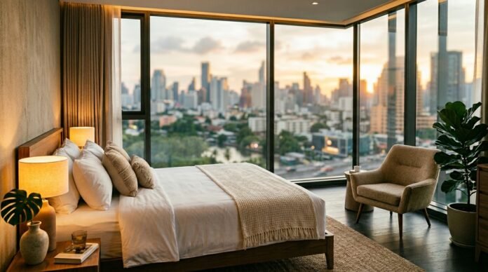 Modern hotel room overlooking the Kuala Lumpur skyline, illustrating where to stay in Kuala Lumpur