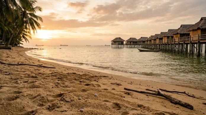 Overwater villas at sunset on the Straits of Malacca coast near Kuala Lumpur