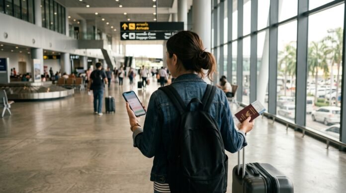 Traveller completing arrival formalities on a smartphone before a trip to Malaysia