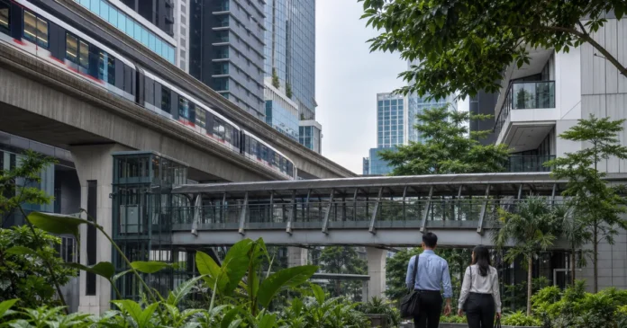 Professionals walking through a tropical mixed-use district beside an elevated Kuala Lumpur rail line