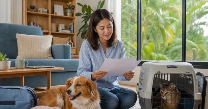 Pet owner preparing relocation documents beside a dog, cat carrier and travel crate