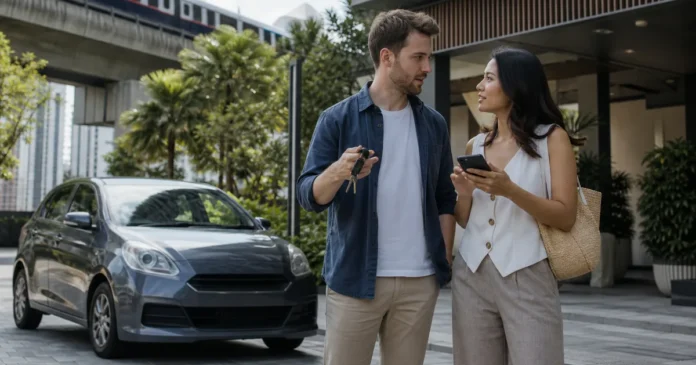 Expat couple considering a compact car beside a condominium and Kuala Lumpur rail line