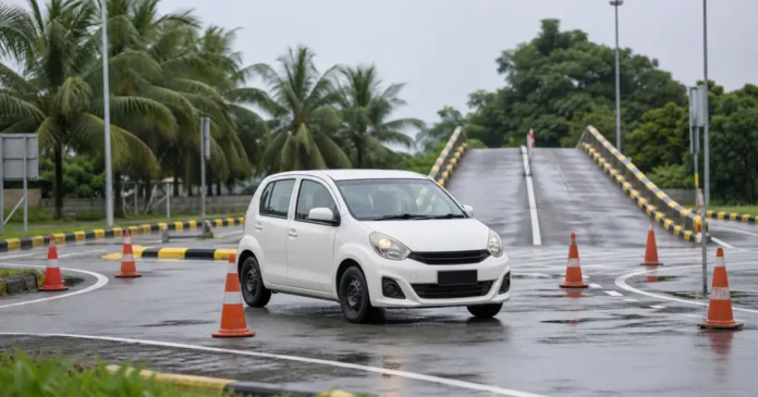 Learner car navigating a Malaysian driving-school circuit after rain